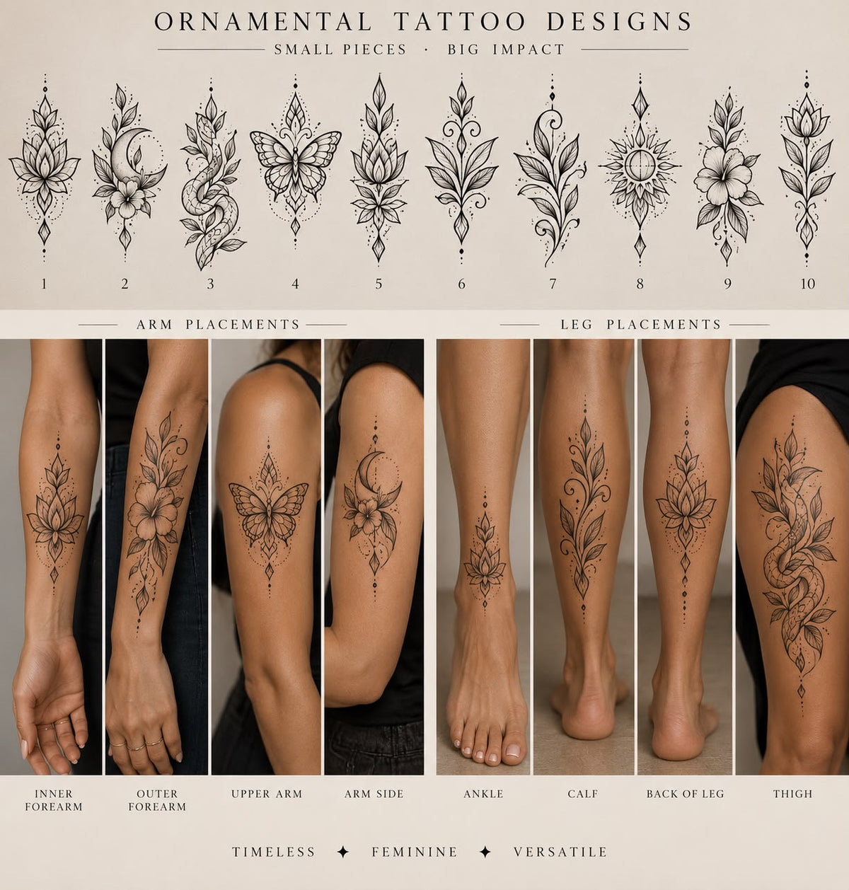 Ornamental fine line tattoo designs with arm and leg placement examples