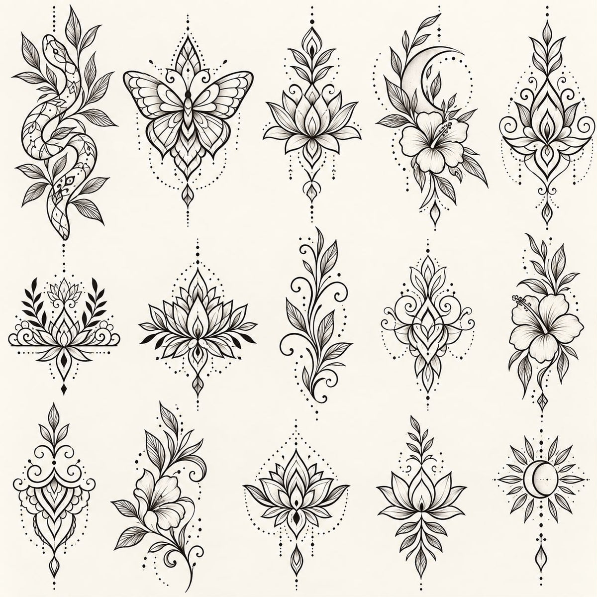 Ornamental symmetry fine line tattoo flash with butterflies, lotus, moon and vine designs