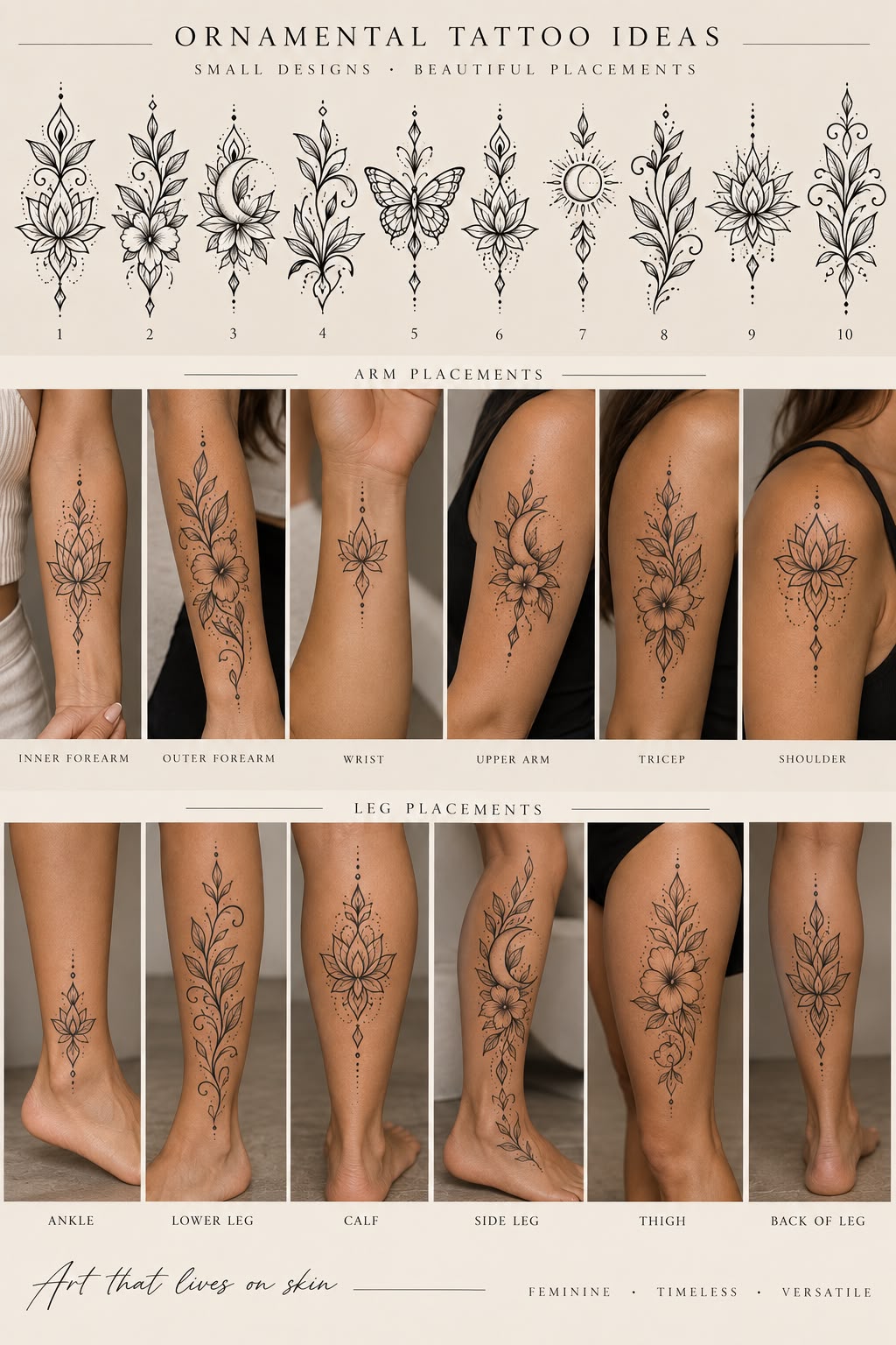 Fine line ornamental tattoo designs with arm and leg placement examples