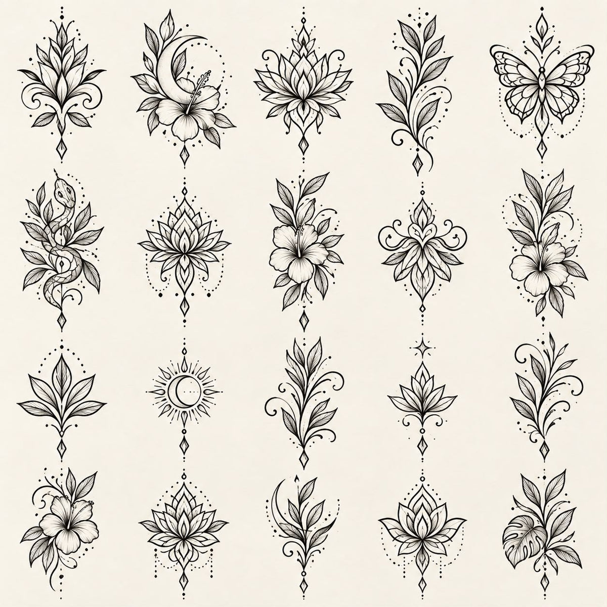 Botanical and sacred symmetry fine line tattoo flash sheet with lotus, moon, serpent and floral designs